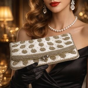 Elegant Vintage  Silver & white beaded beetle Clutch